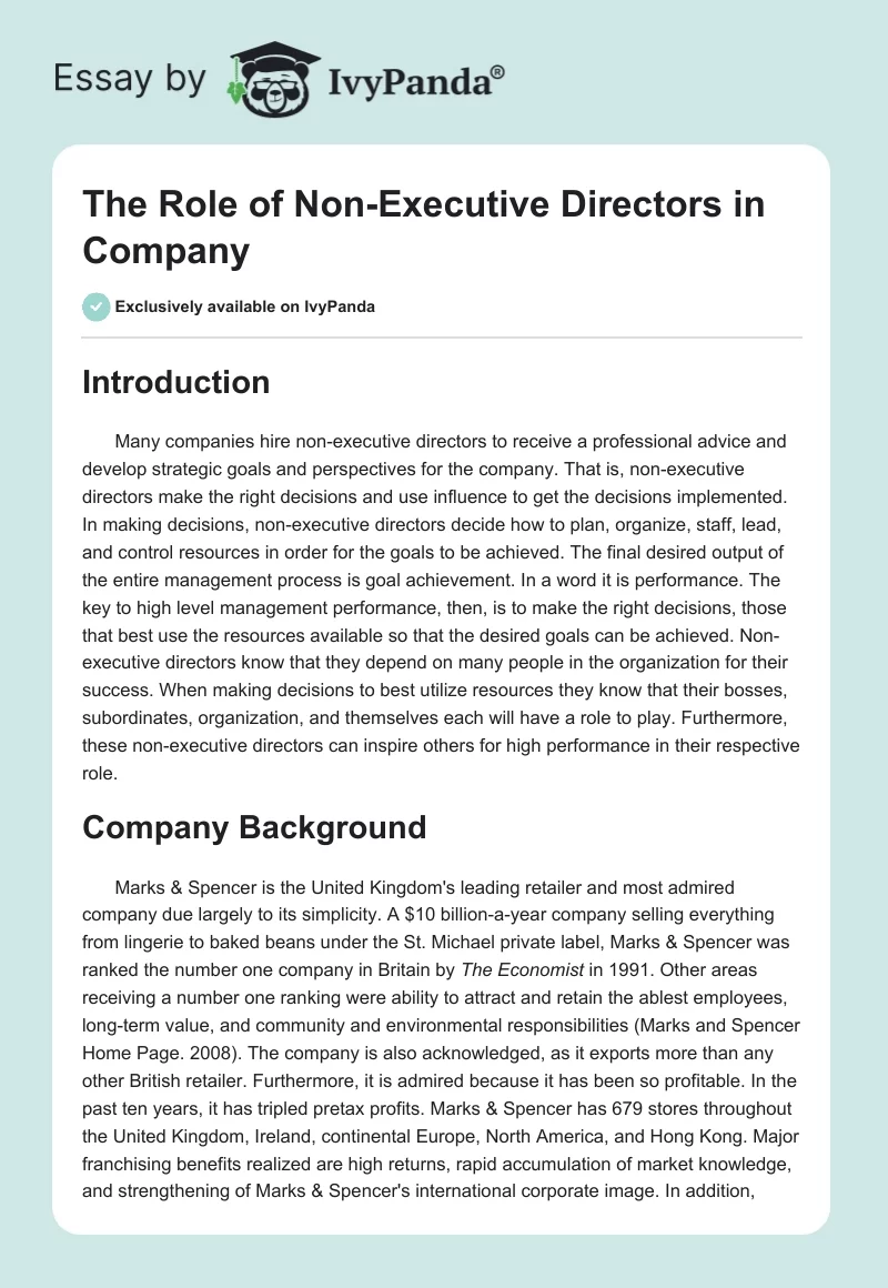 The Role of Non-Executive Directors in Company. Page 1