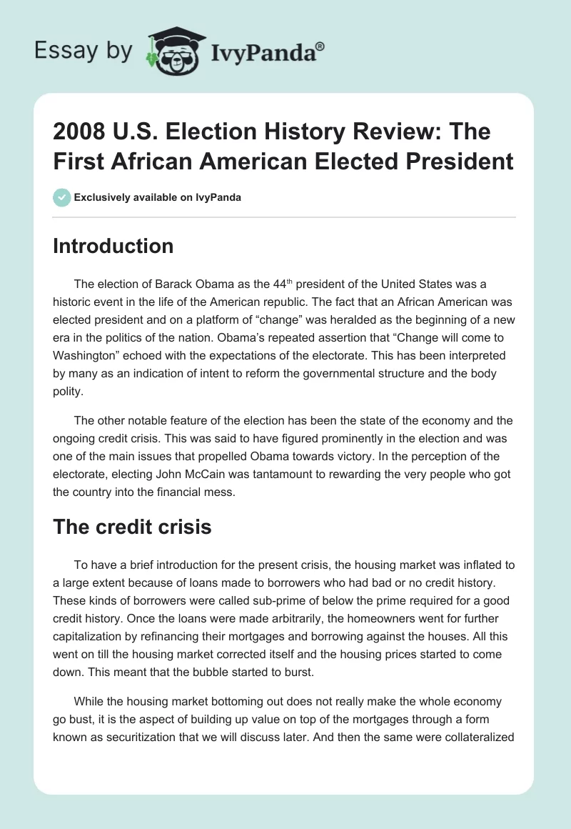 2008 U.S. Election History Review: The First African American Elected President. Page 1