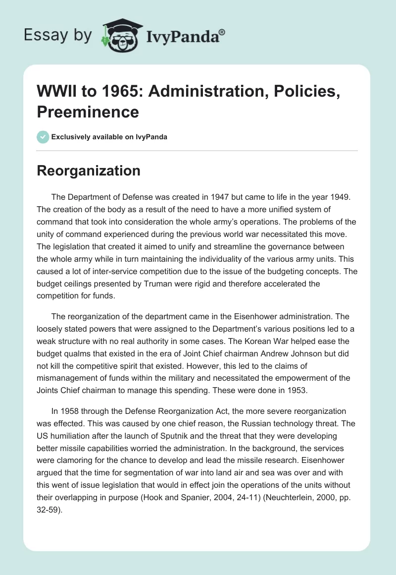 WWII to 1965: Administration, Policies, Preeminence. Page 1