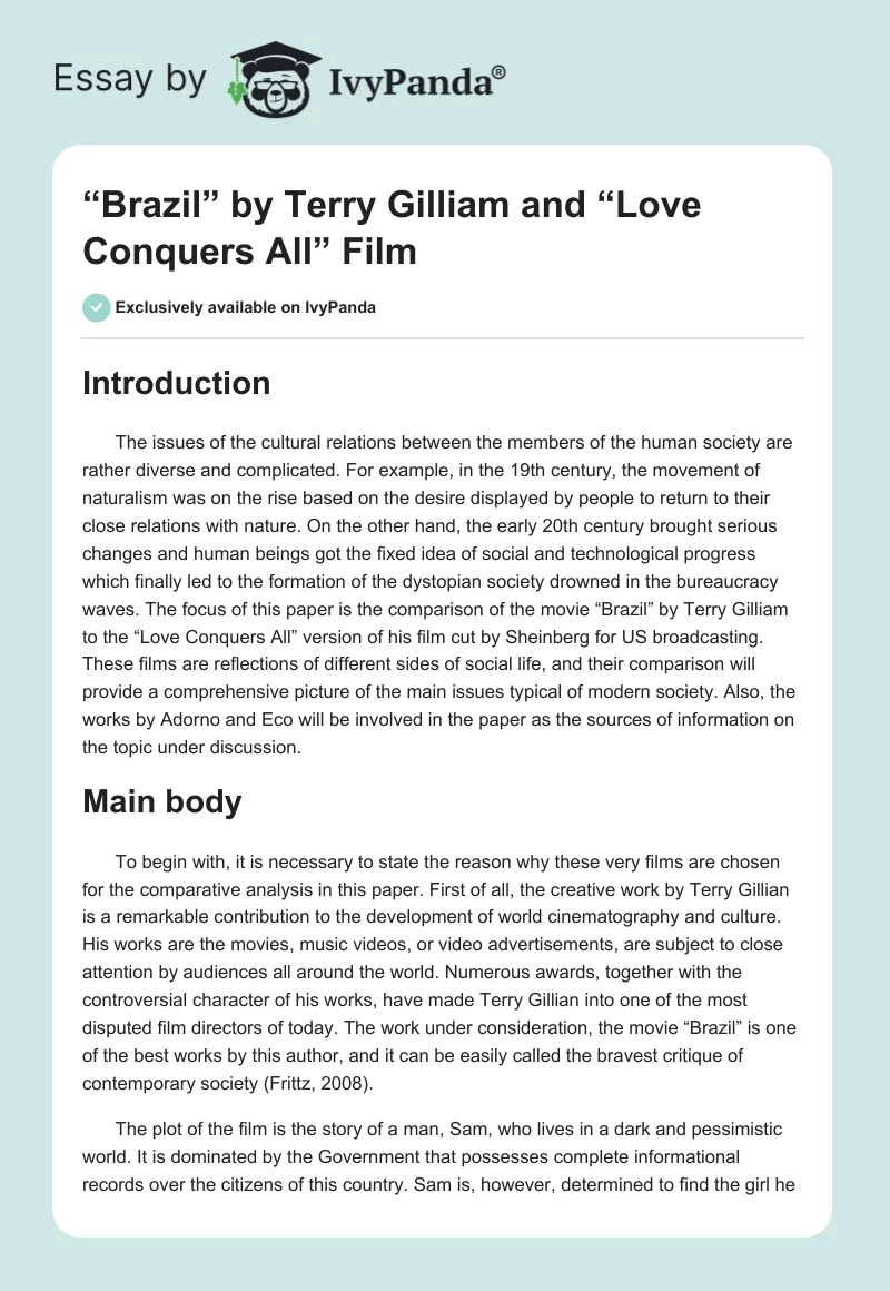 “Brazil” by Terry Gilliam and “Love Conquers All” Film. Page 1