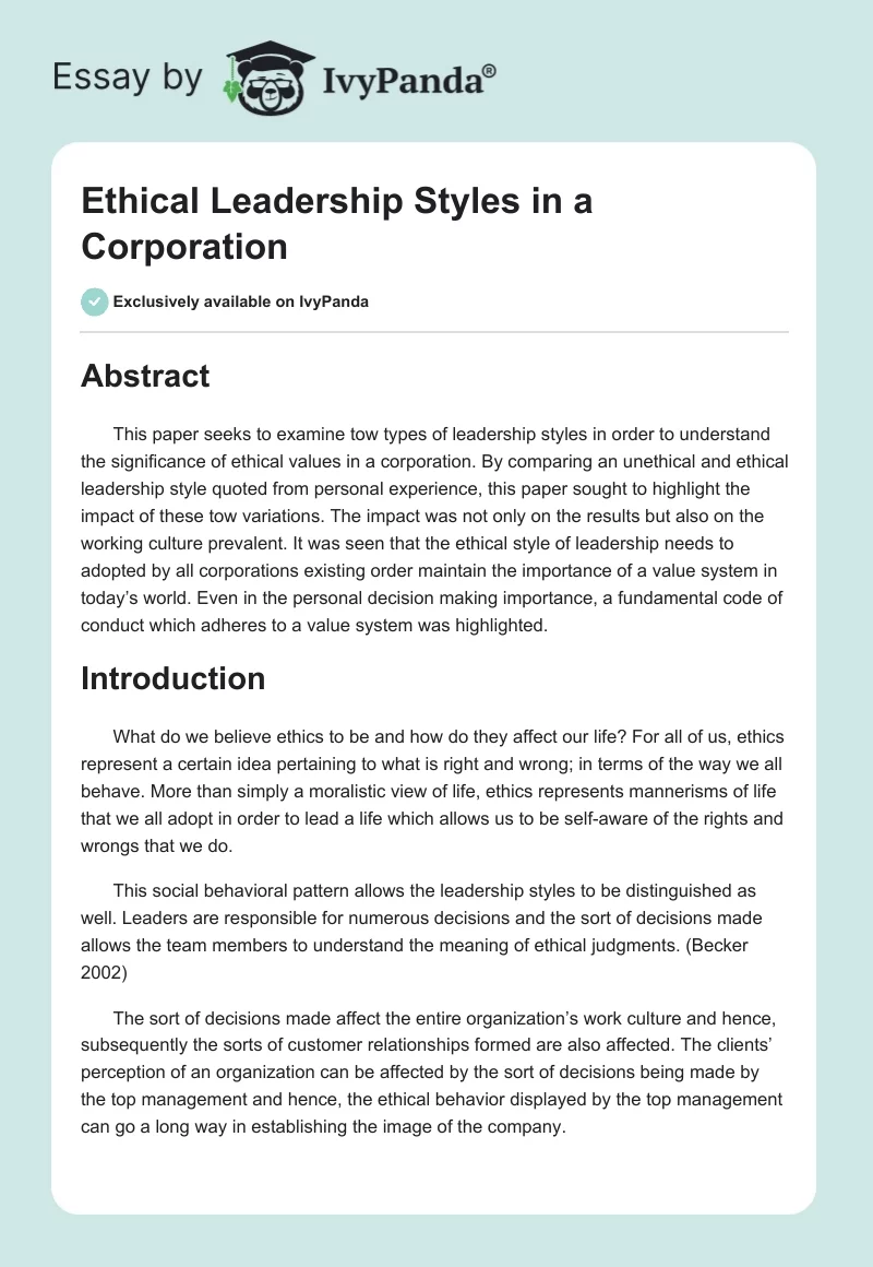 Ethical Leadership Styles in a Corporation. Page 1