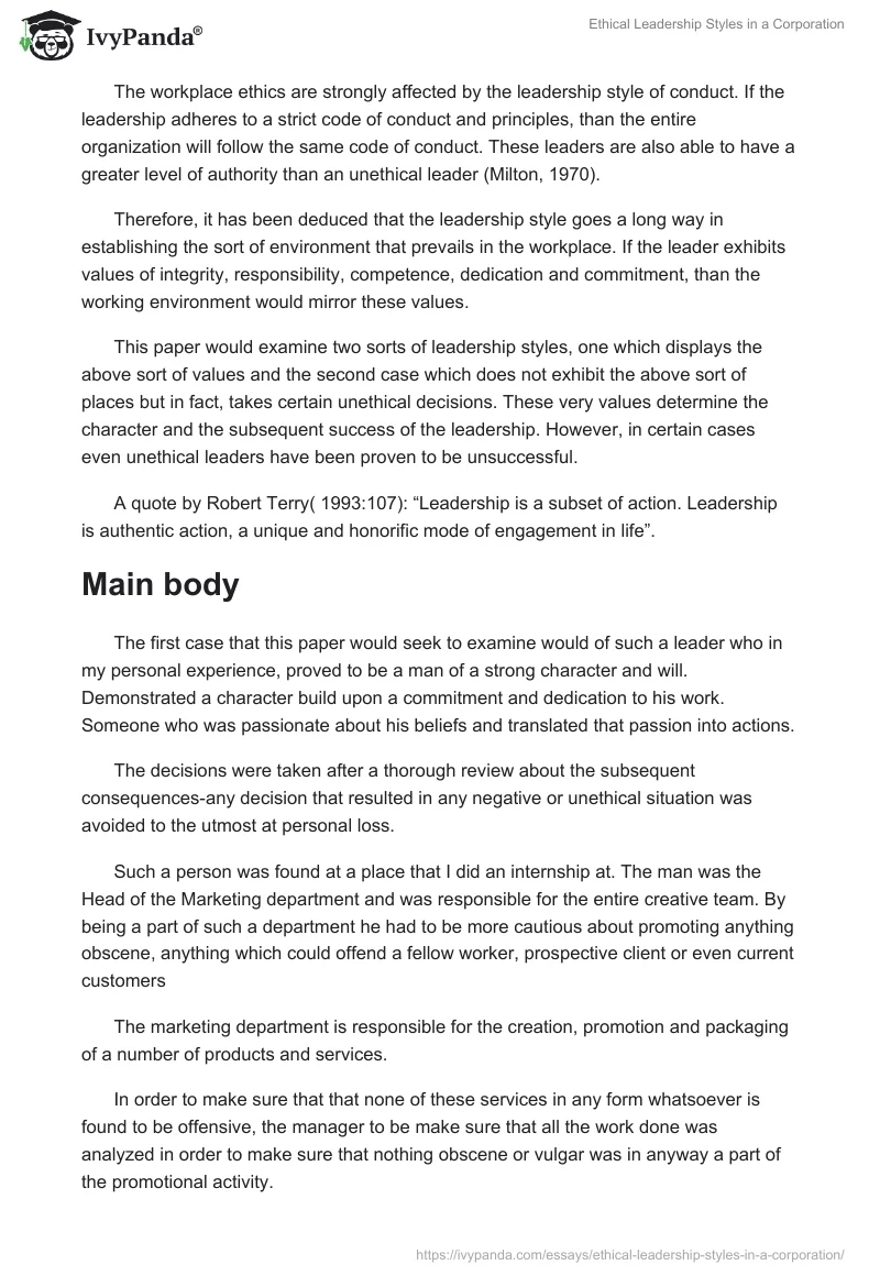 Ethical Leadership Styles in a Corporation. Page 2