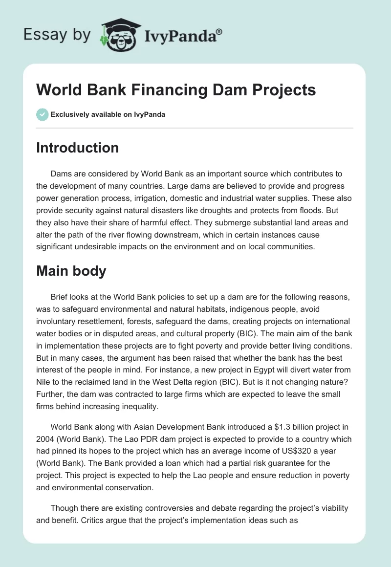 World Bank Financing Dam Projects. Page 1