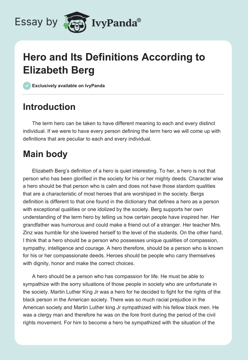 Hero and Its Definitions According to Elizabeth Berg. Page 1