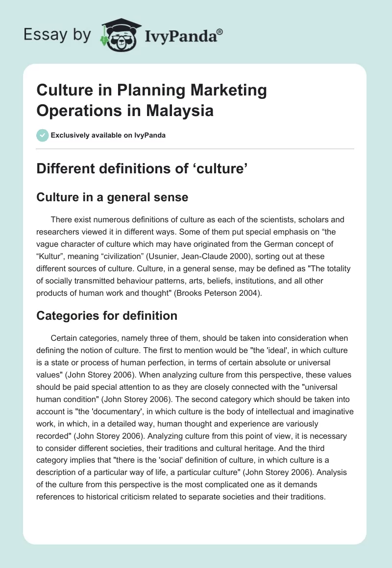 Culture in Planning Marketing Operations in Malaysia. Page 1