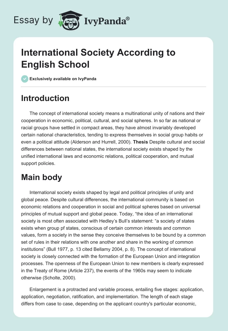 International Society According to English School. Page 1