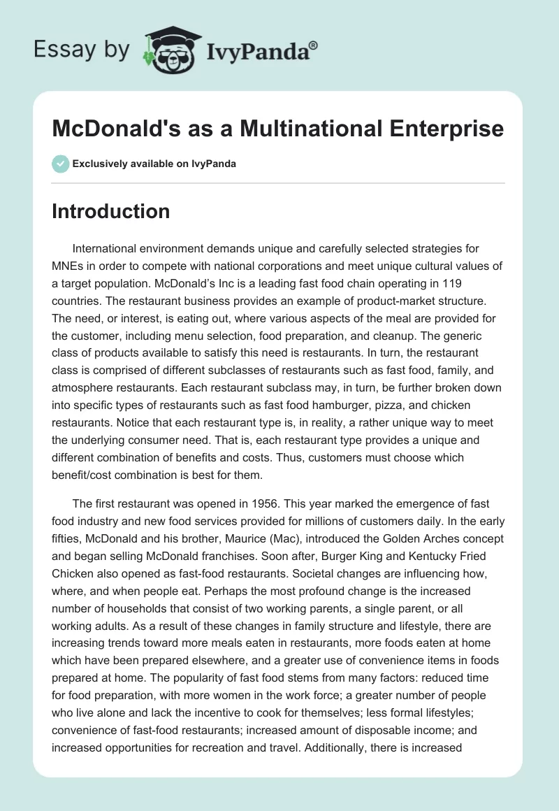 McDonald's as a Multinational Enterprise. Page 1