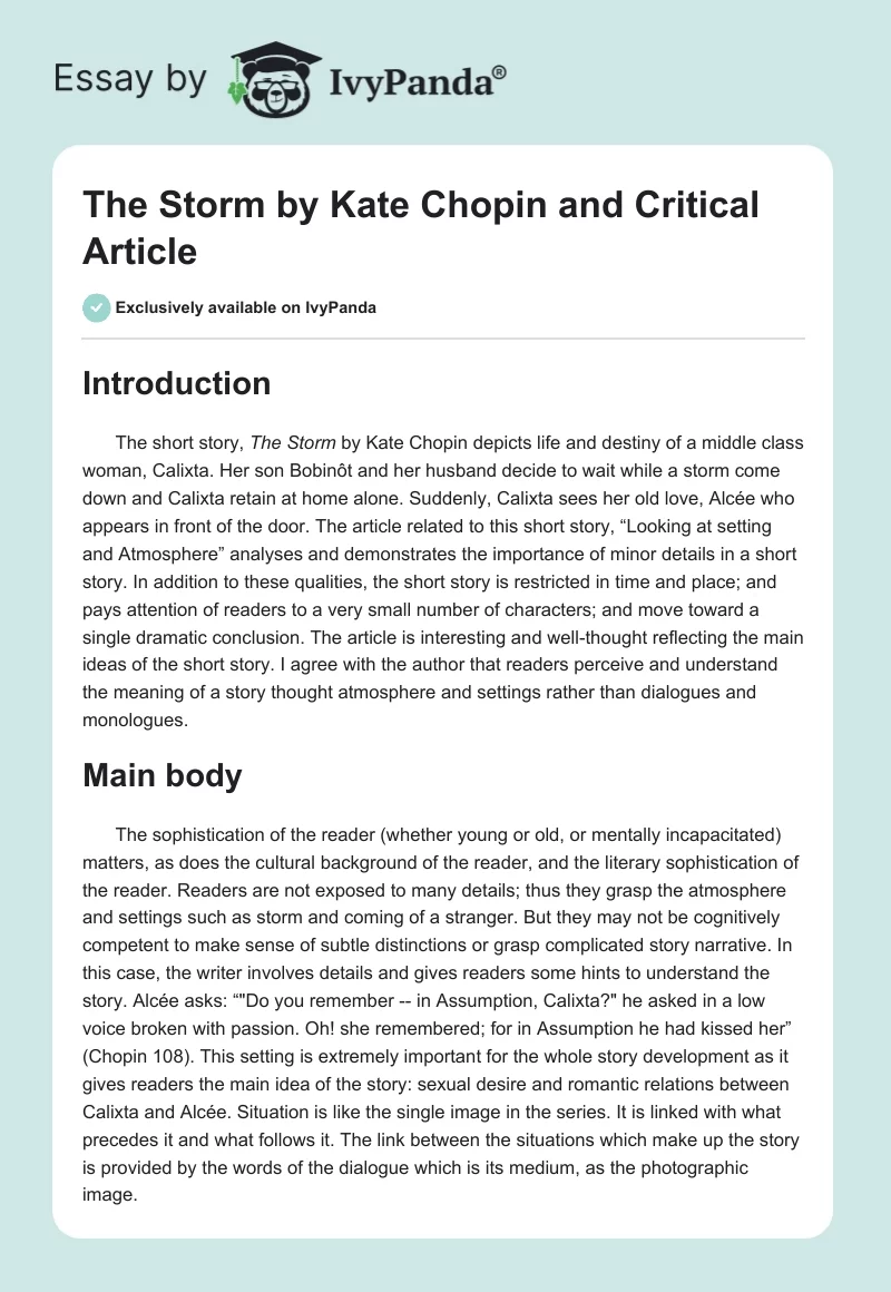 "The Storm" by Kate Chopin and Critical Article. Page 1