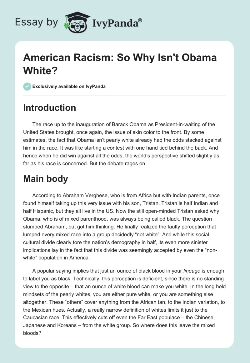 American Racism: So Why Isn't Obama White?. Page 1