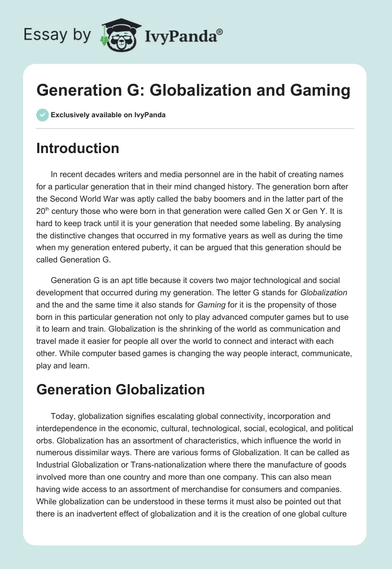 Generation G: Globalization and Gaming. Page 1
