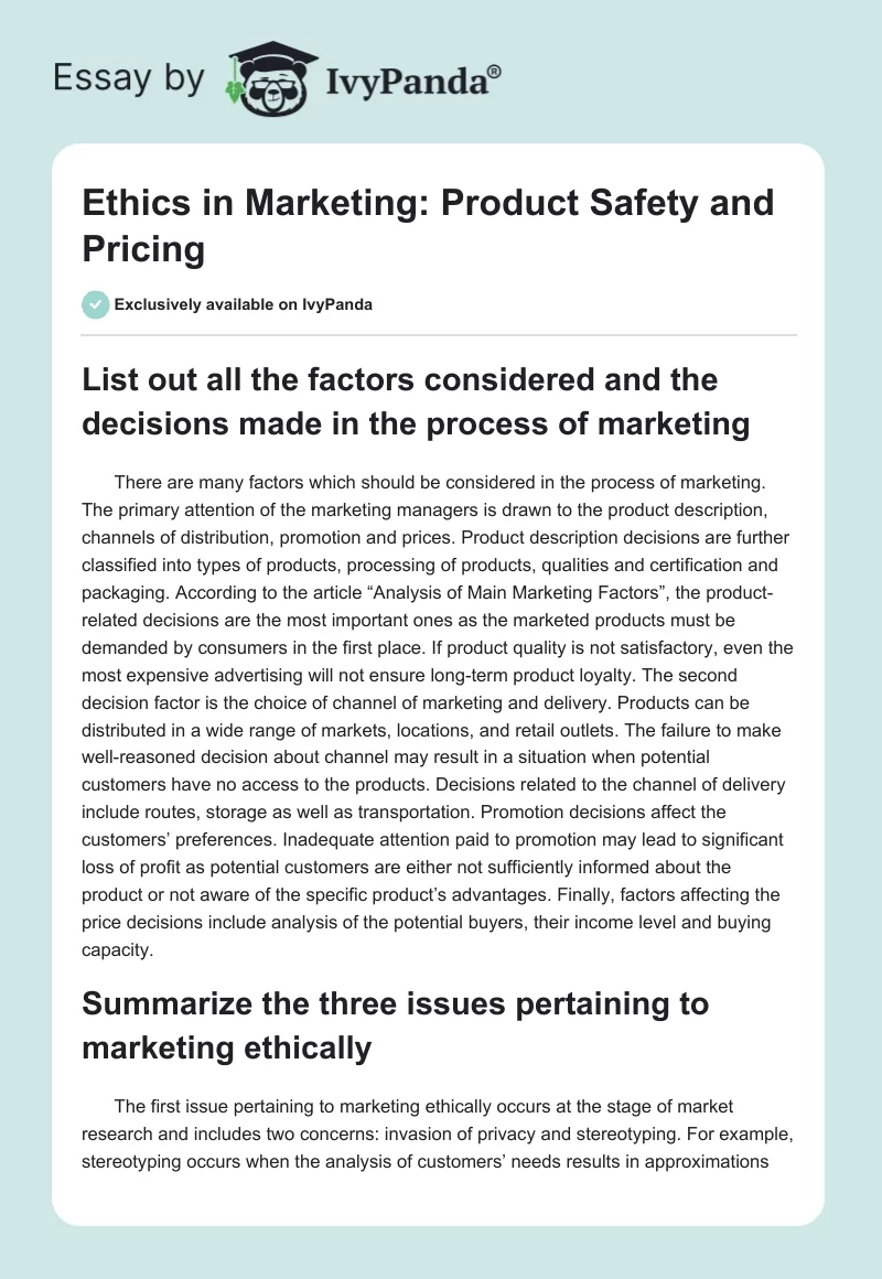 Ethics in Marketing: Product Safety and Pricing. Page 1