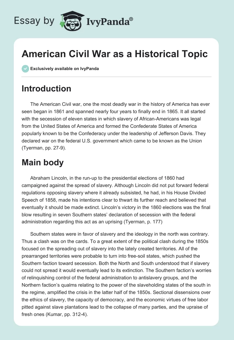 American Civil War as a Historical Topic. Page 1