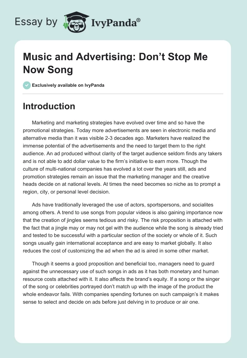 Music and Advertising: Don’t Stop Me Now Song. Page 1