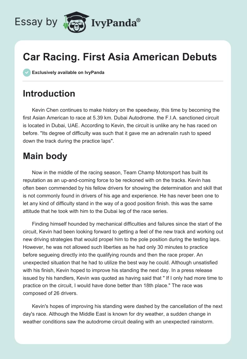 Car Racing. First Asia American Debuts. Page 1