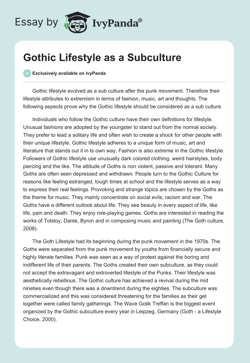 Gothic Lifestyle as a Subculture. Page 1