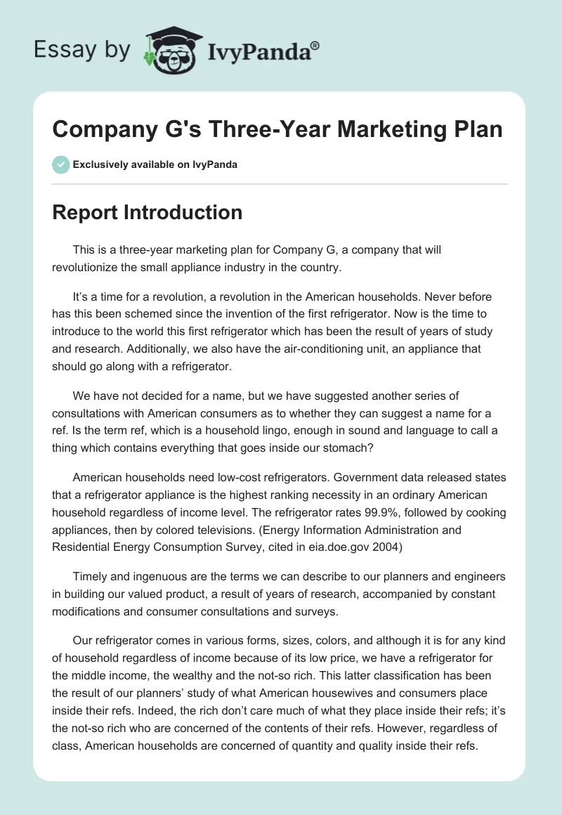 Company G's Three-Year Marketing Plan. Page 1