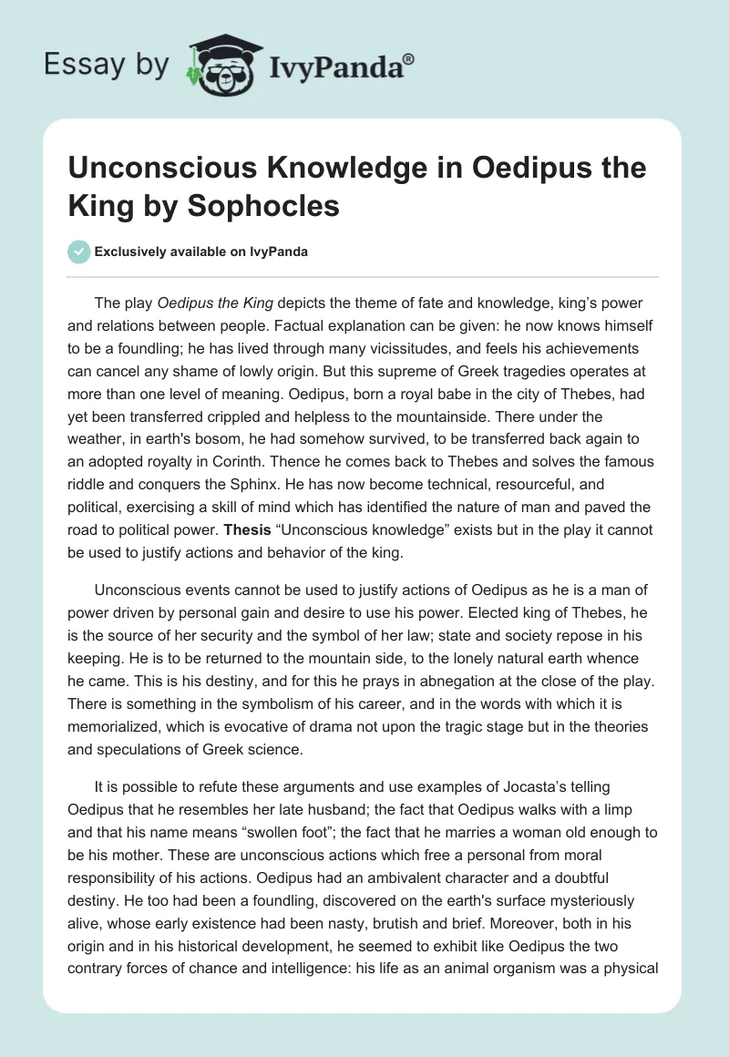 Unconscious Knowledge in "Oedipus the King" by Sophocles. Page 1