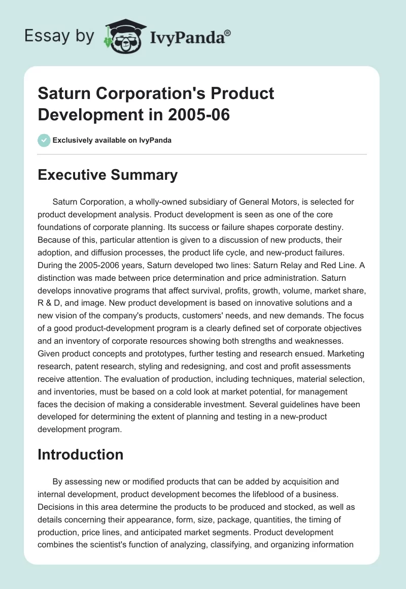 Saturn Corporation's Product Development in 2005-06. Page 1