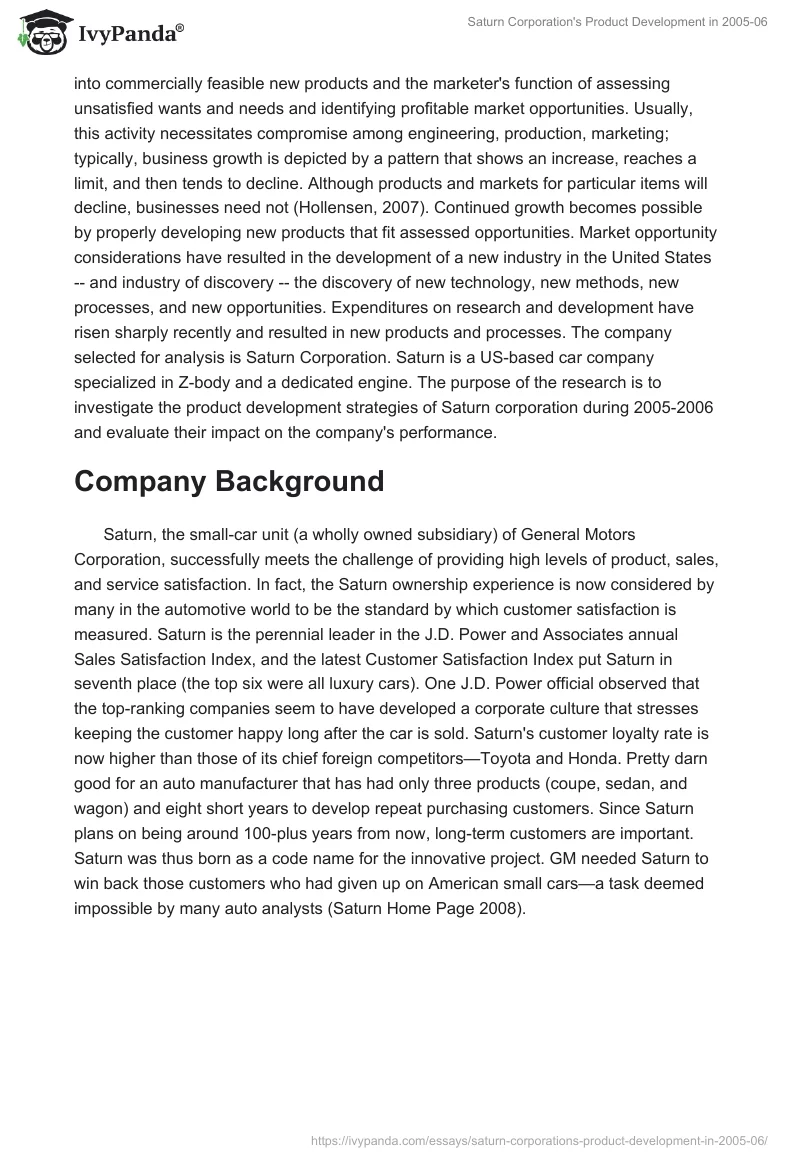 Saturn Corporation's Product Development in 2005-06. Page 2