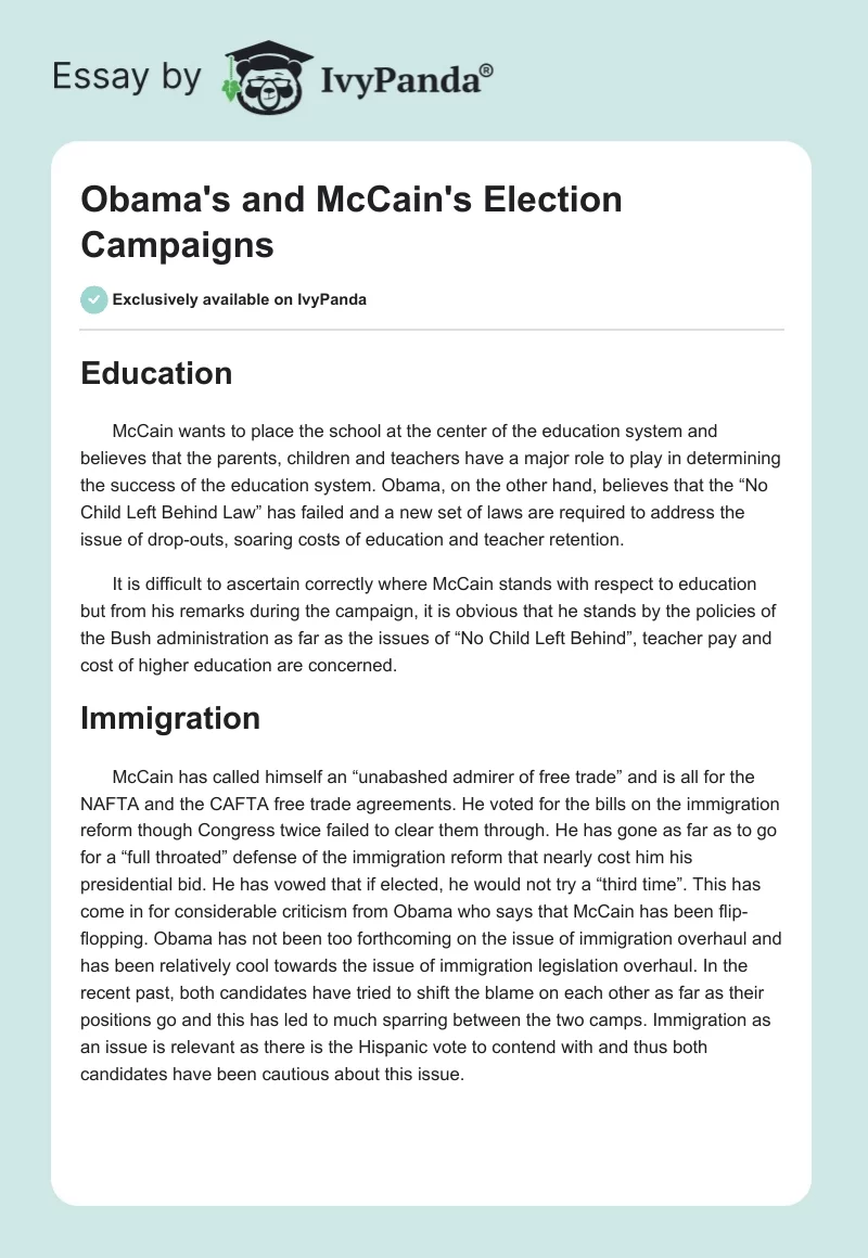 Obama's and McCain's Election Campaigns. Page 1