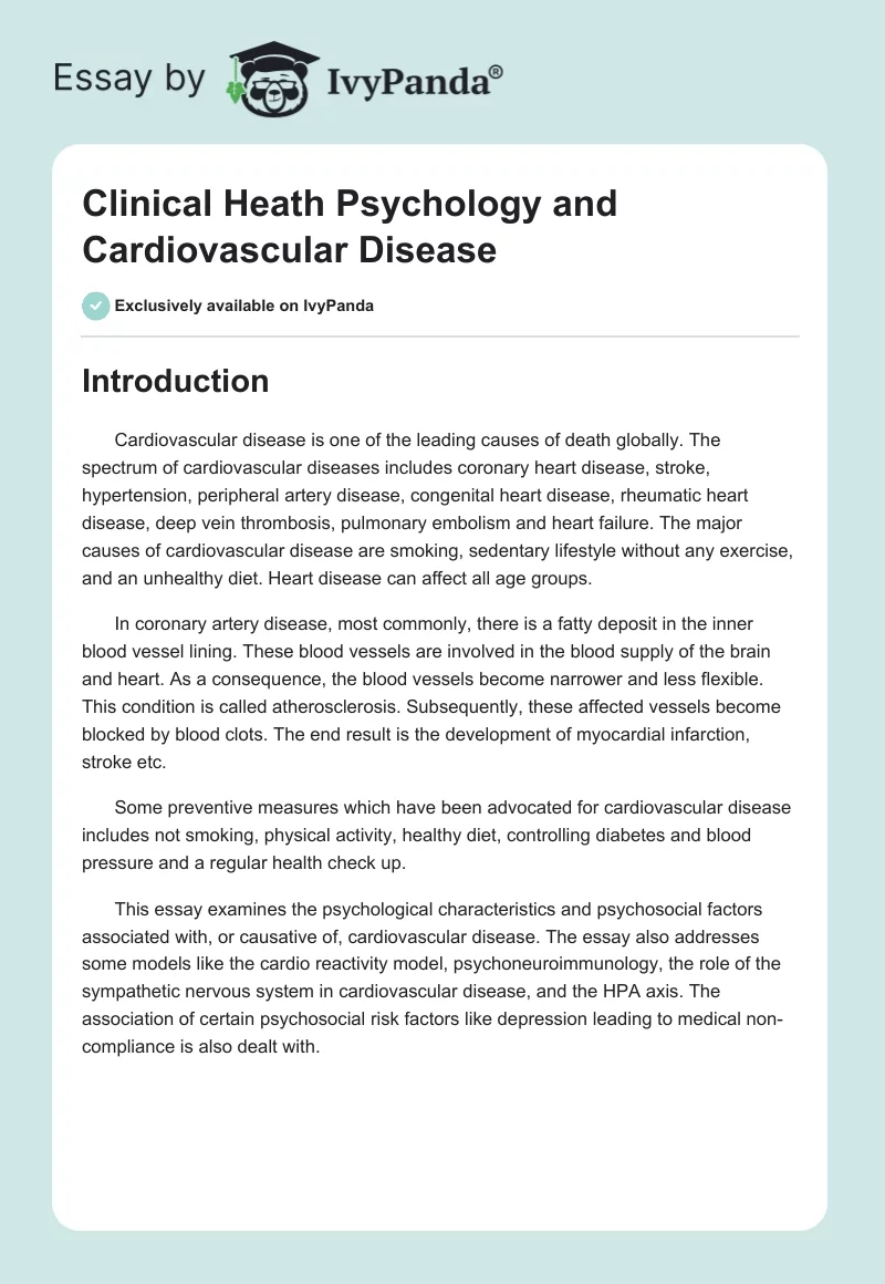 Clinical Heath Psychology and Cardiovascular Disease. Page 1