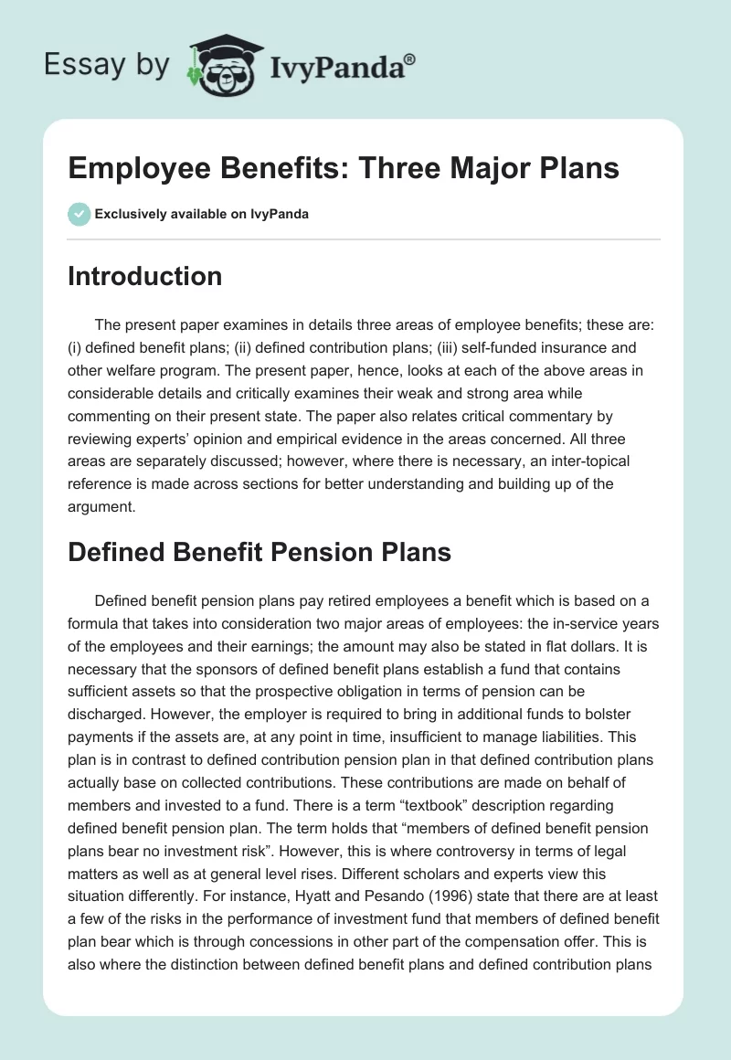 Employee Benefits: Three Major Plans. Page 1