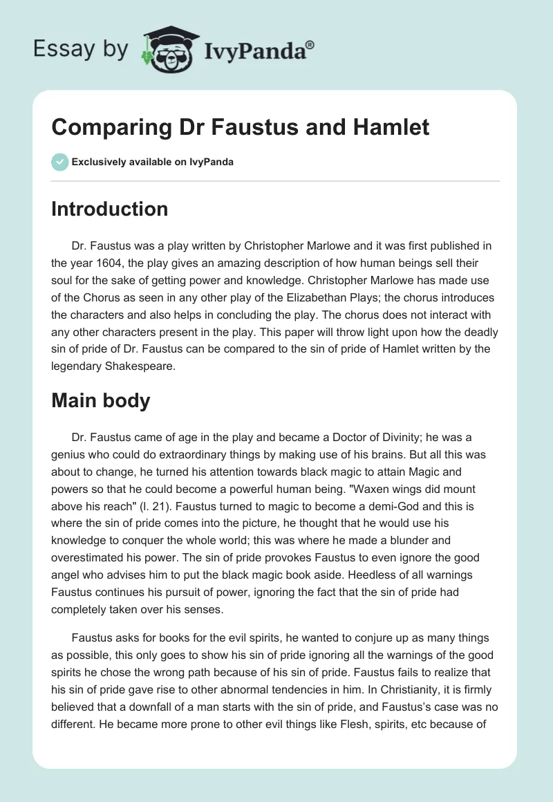 Comparing Dr. Faustus and Hamlet. Page 1