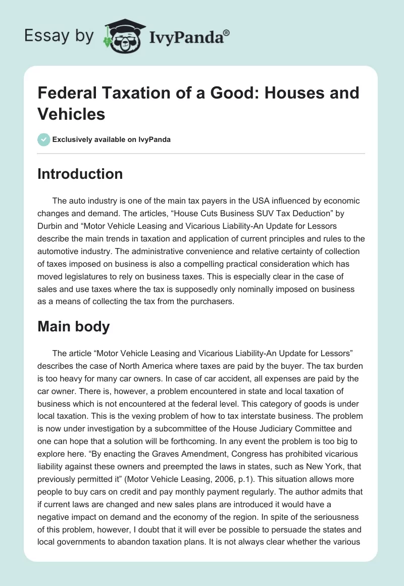 Federal Taxation of a Good: Houses and Vehicles. Page 1