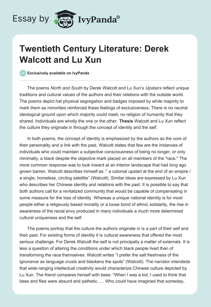 Twentieth Century Literature: Derek Walcott and Lu Xun. Page 1