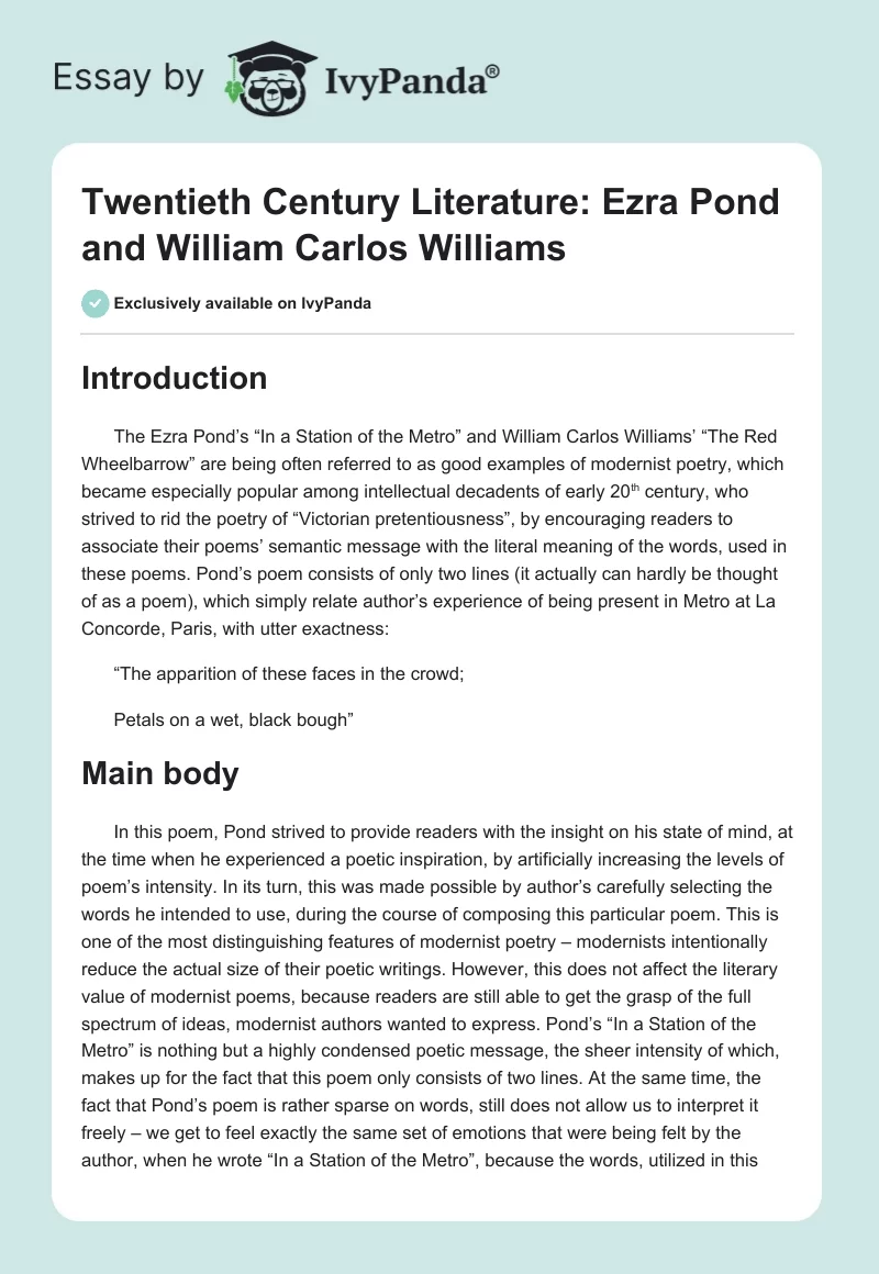 Twentieth Century Literature: Ezra Pond and William Carlos Williams. Page 1