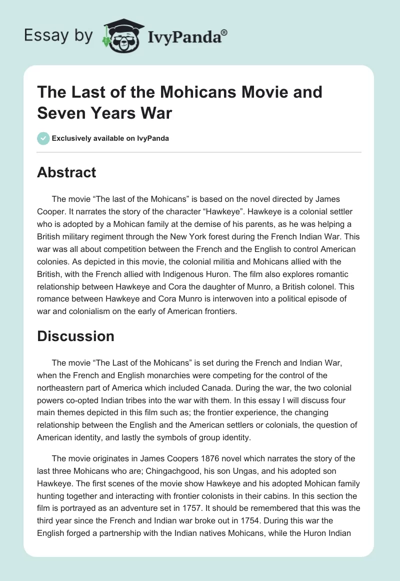 The Last of the Mohicans Movie and Seven Years War. Page 1