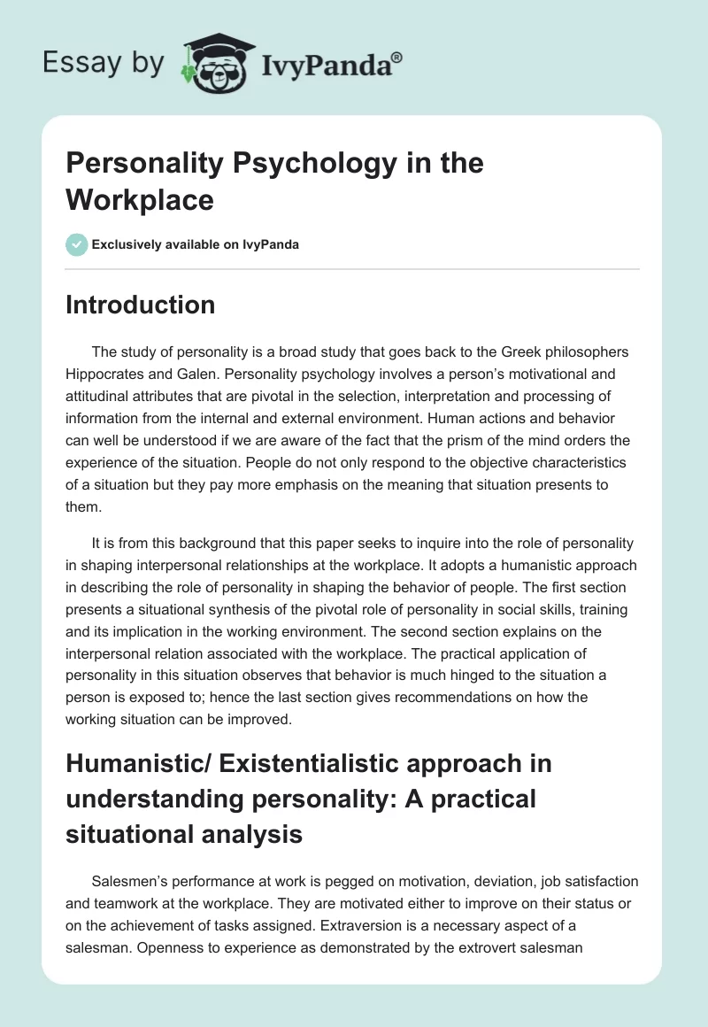 Personality Psychology in the Workplace. Page 1
