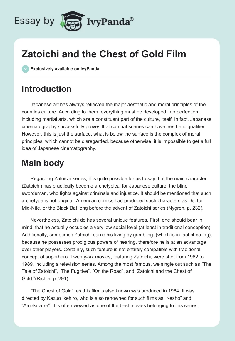 Zatoichi and the Chest of Gold Film. Page 1