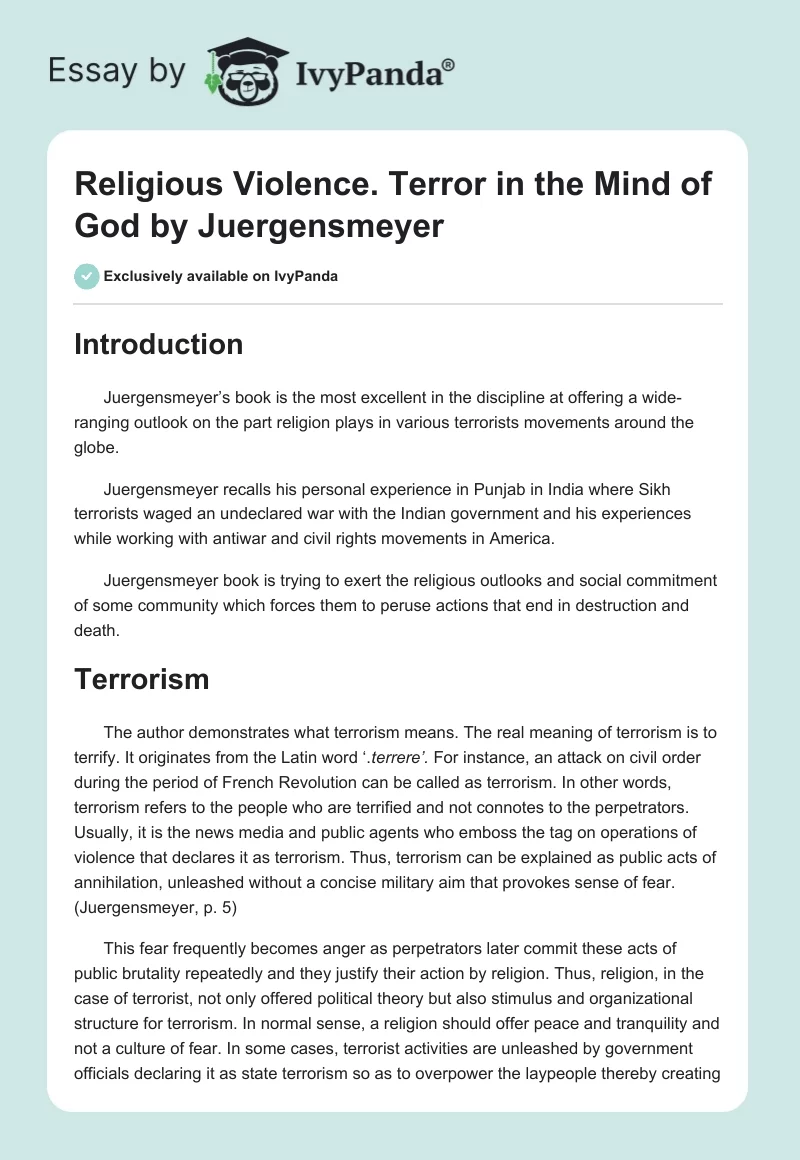 Religious Violence. Terror in the Mind of God by Juergensmeyer. Page 1