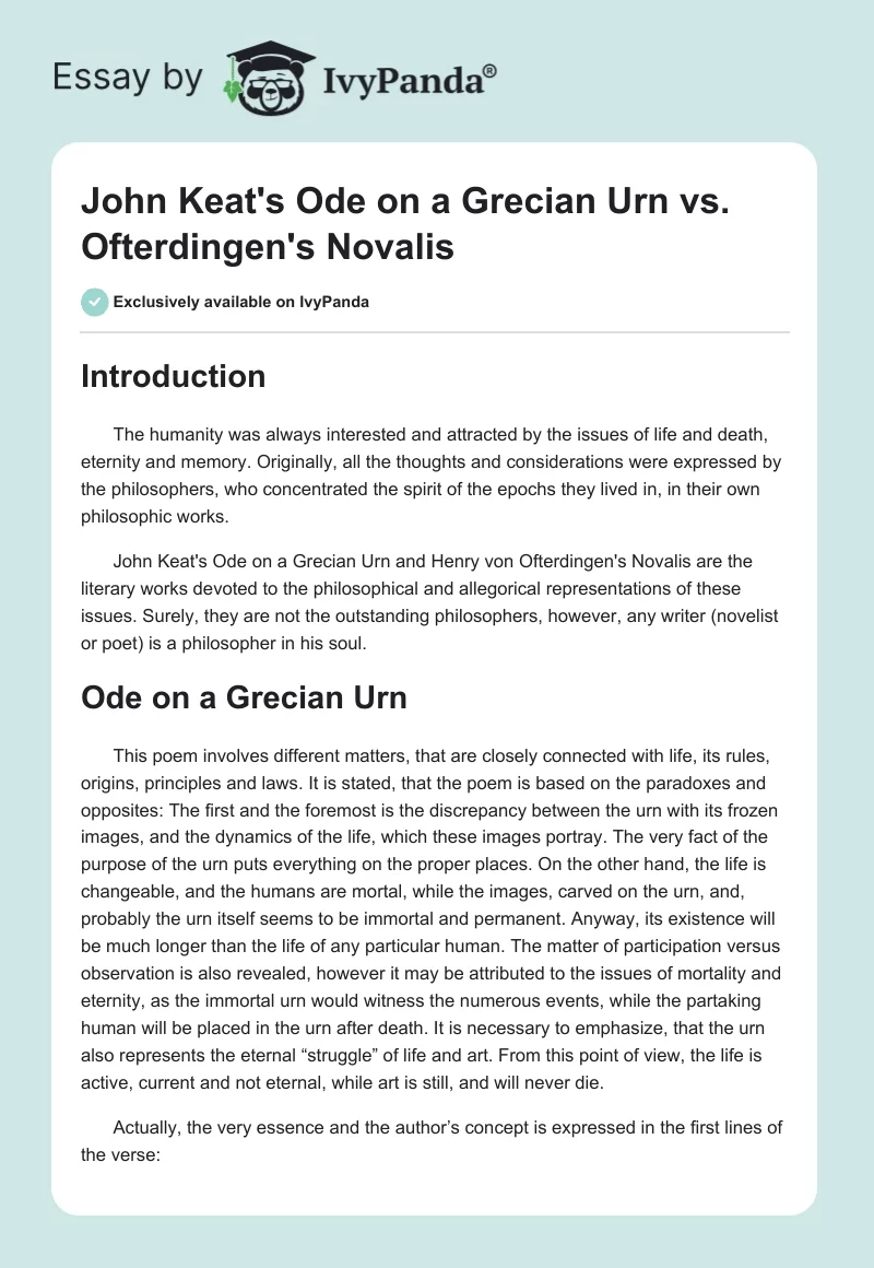 John Keat's Ode on a Grecian Urn vs. Ofterdingen's Novalis. Page 1