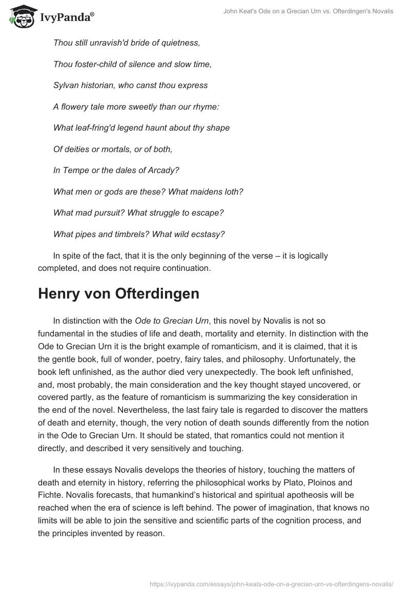 John Keat's Ode on a Grecian Urn vs. Ofterdingen's Novalis. Page 2