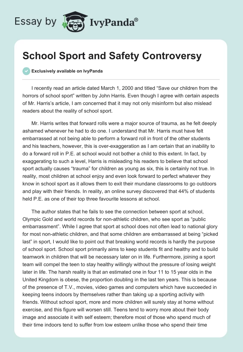 School Sport and Safety Controversy. Page 1