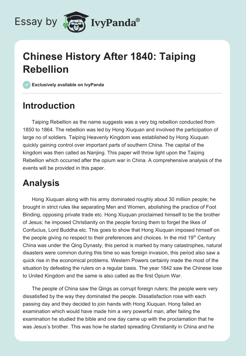 Chinese History After 1840: Taiping Rebellion. Page 1