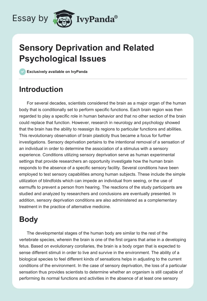 Sensory Deprivation and Related Psychological Issues. Page 1