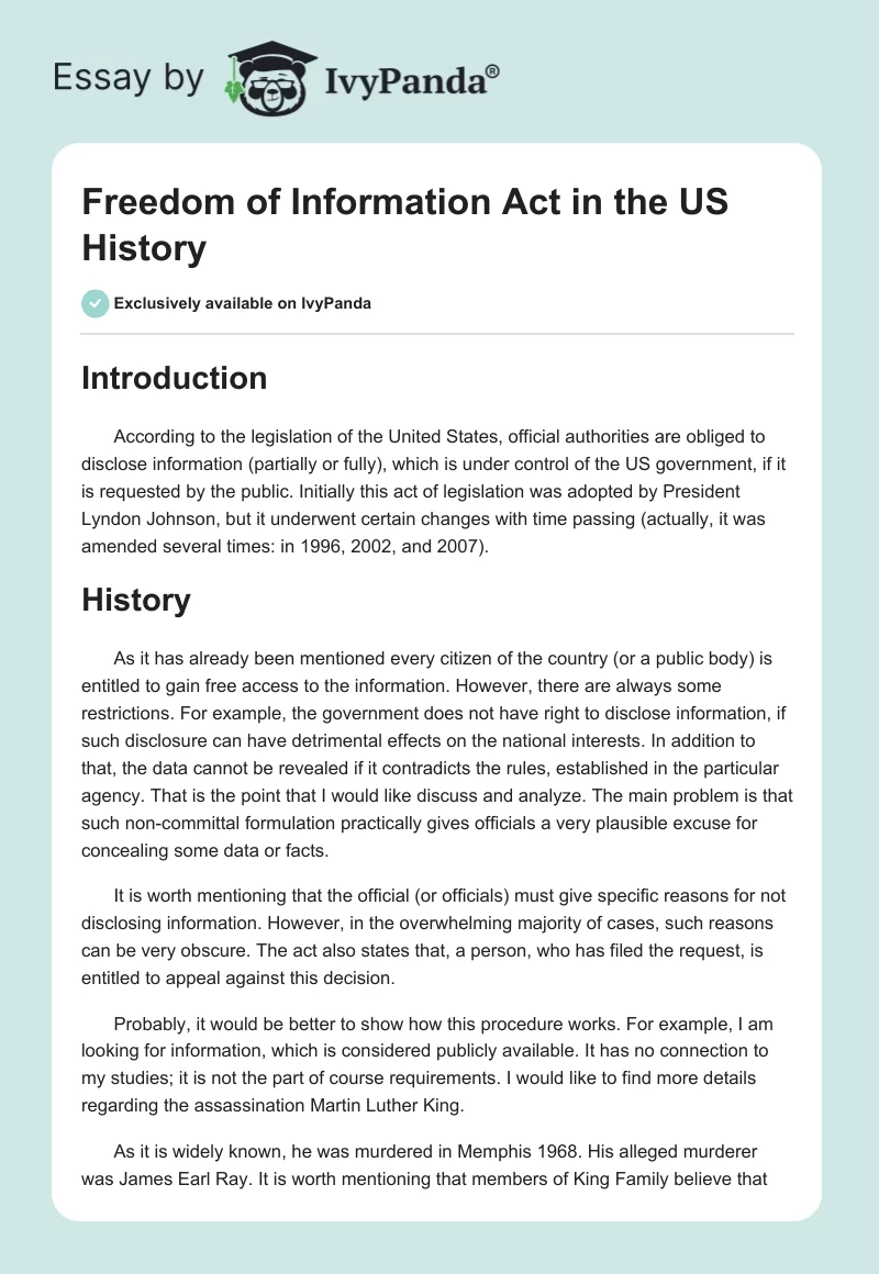 Freedom of Information Act in the US History. Page 1