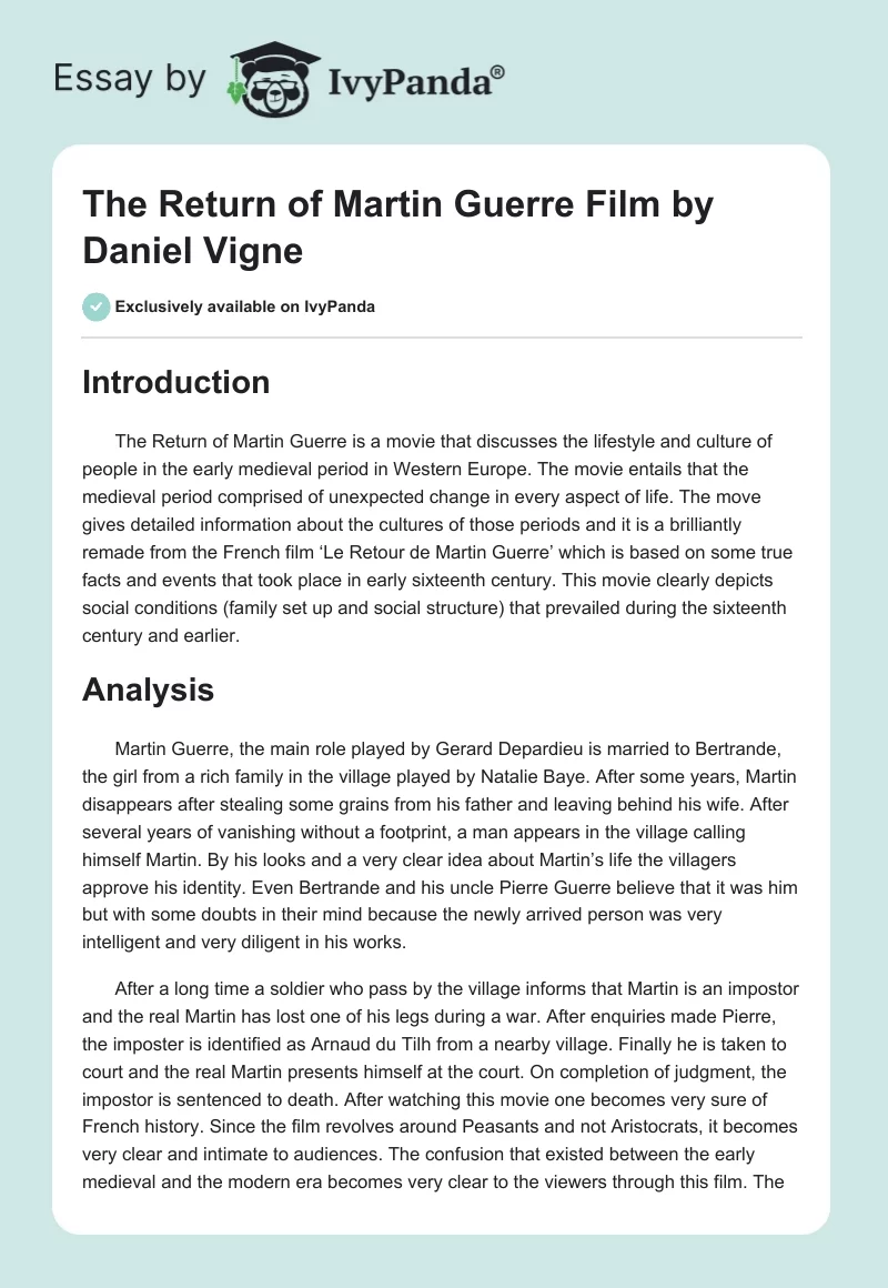 "The Return of Martin Guerre" Film by Daniel Vigne. Page 1
