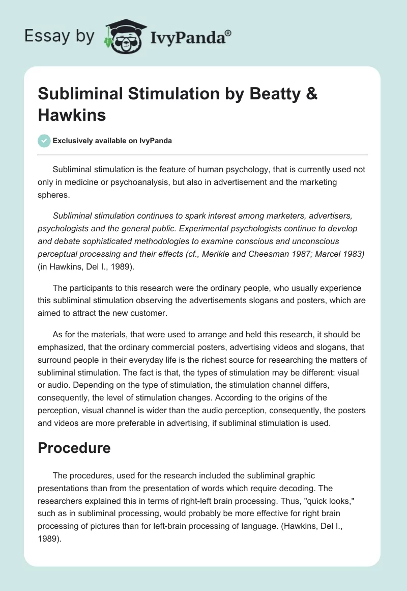 Subliminal Stimulation by Beatty & Hawkins. Page 1
