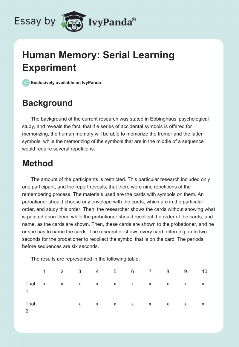Human Memory: Serial Learning Experiment. Page 1