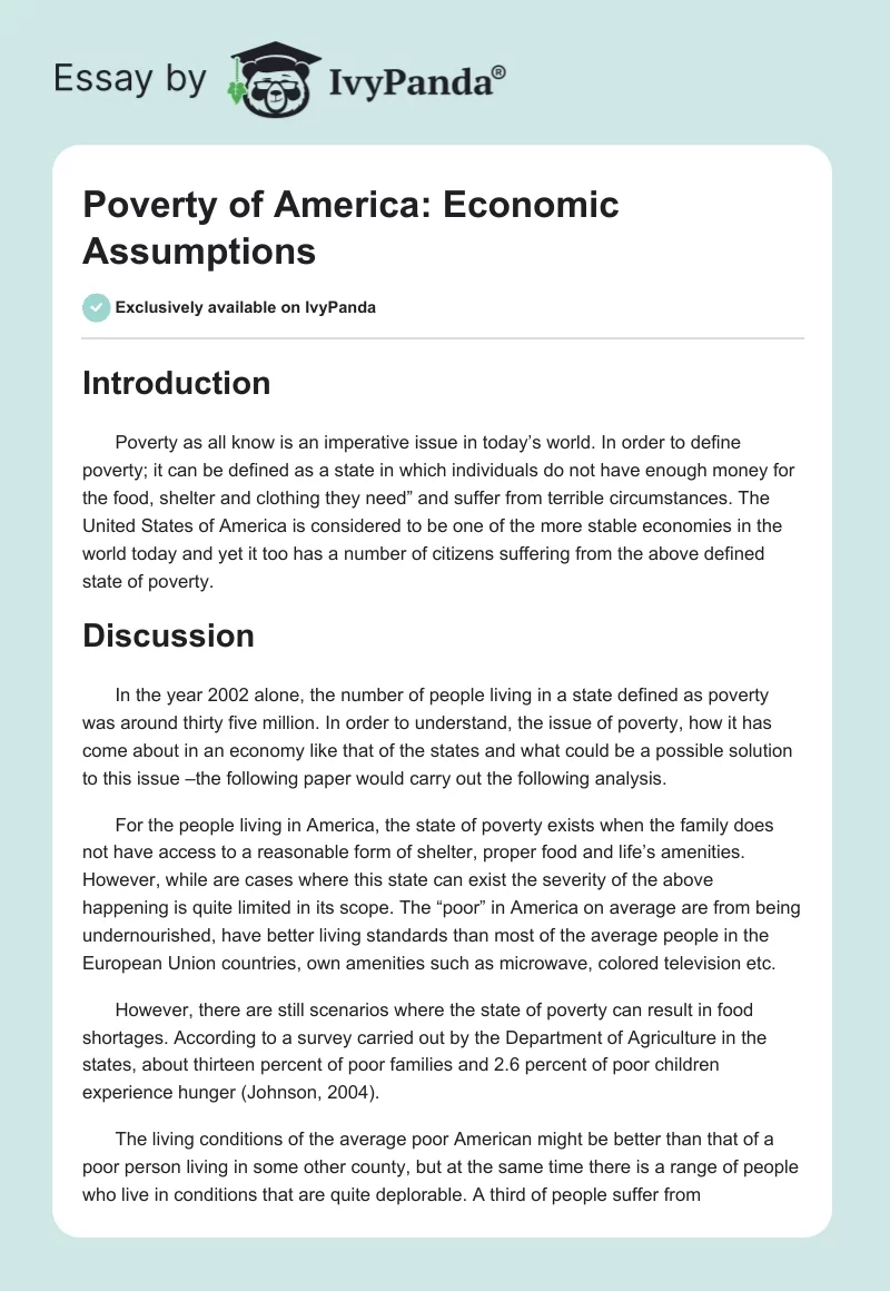 Poverty of America: Economic Assumptions. Page 1