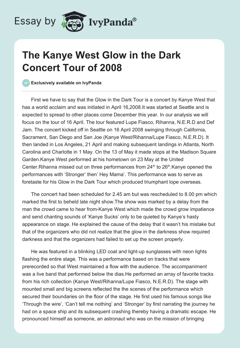 The Kanye West "Glow in the Dark" Concert Tour of 2008. Page 1
