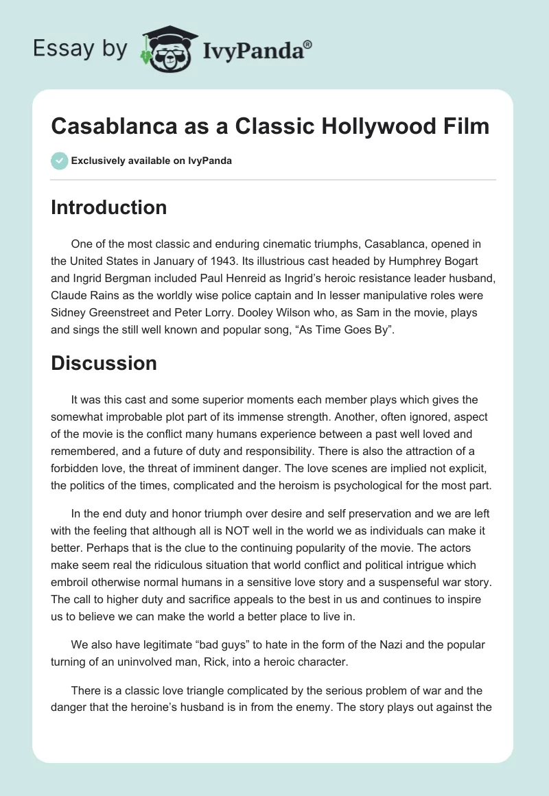Casablanca as a Classic Hollywood Film. Page 1