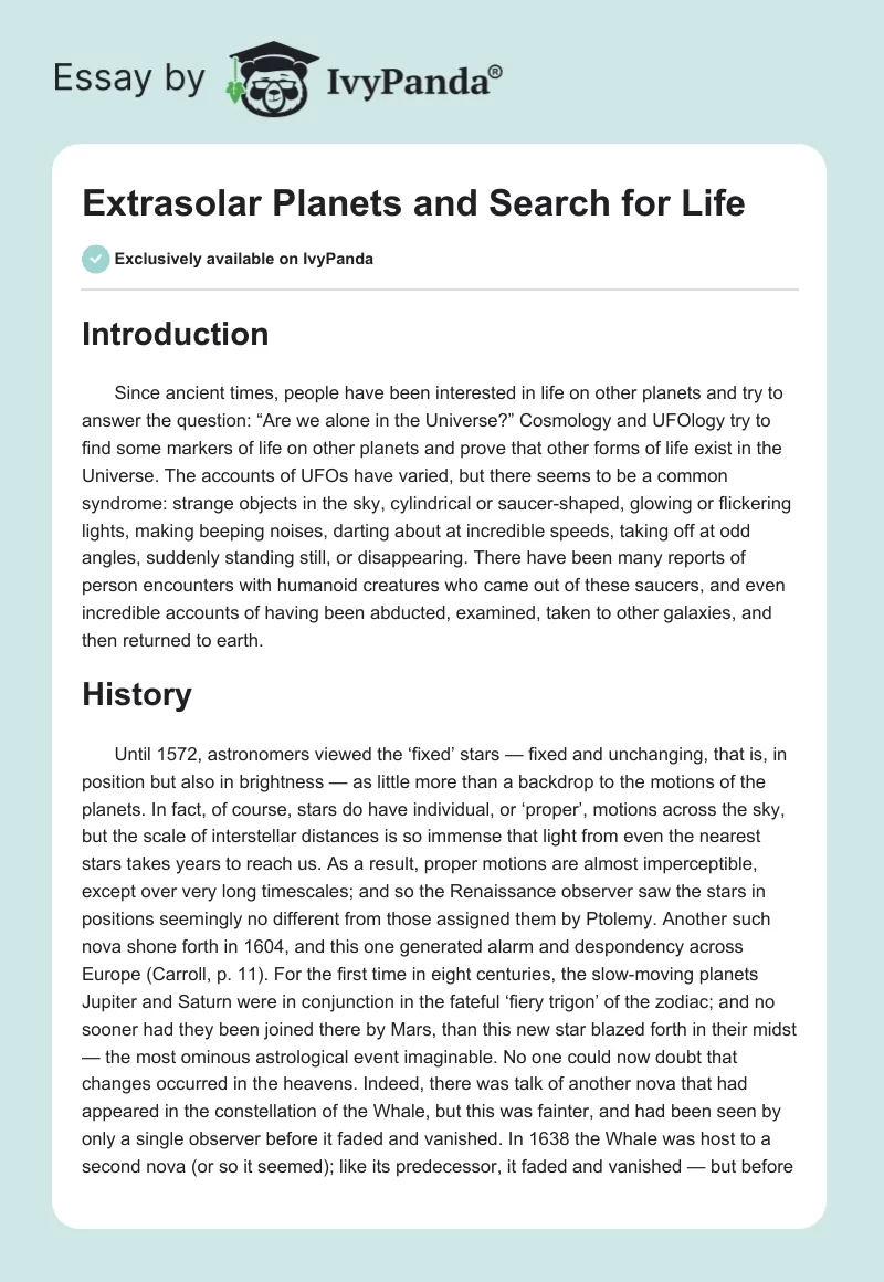 Extrasolar Planets and Search for Life. Page 1