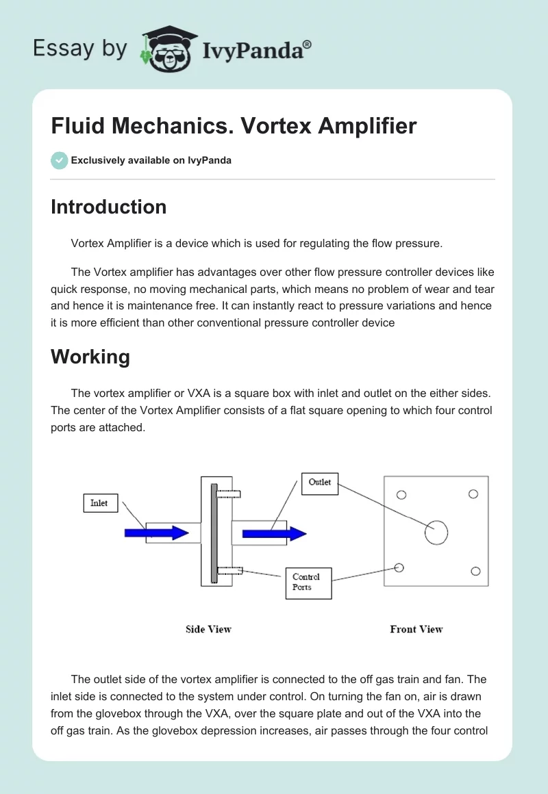 Fluid Mechanics. Vortex Amplifier. Page 1