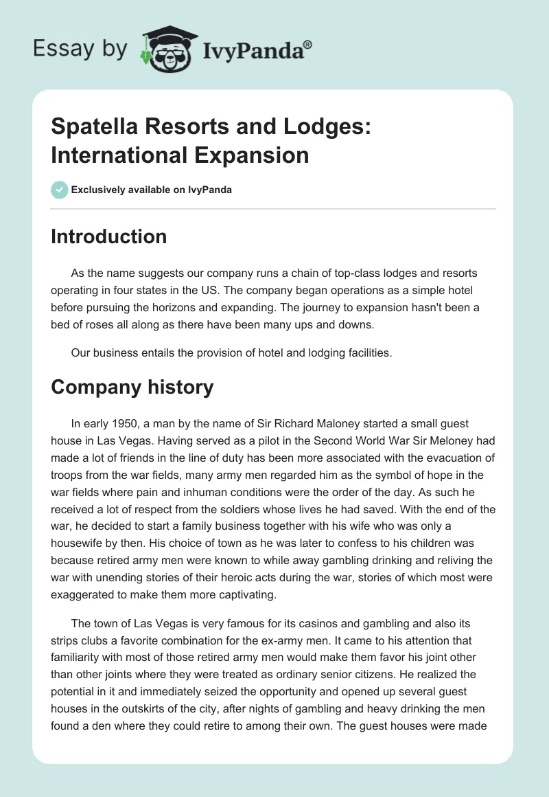 Spatella Resorts and Lodges: International Expansion. Page 1