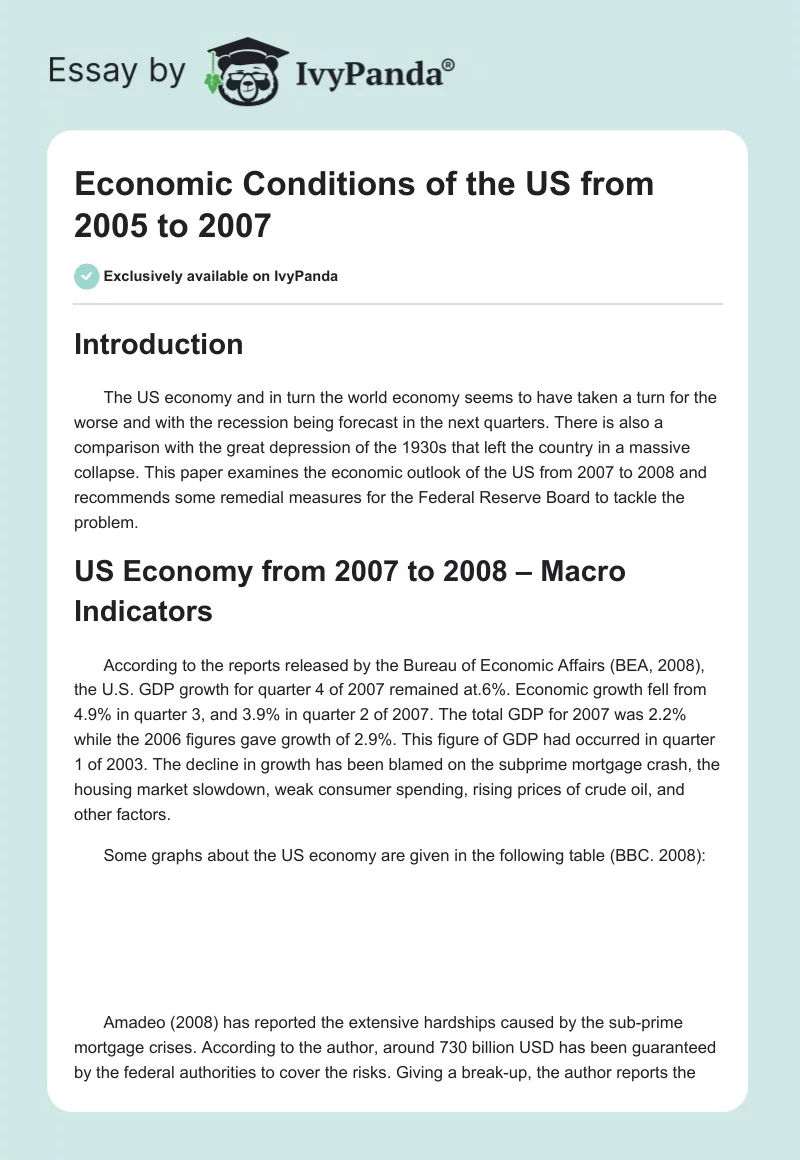 Economic Conditions of the US from 2005 to 2007. Page 1